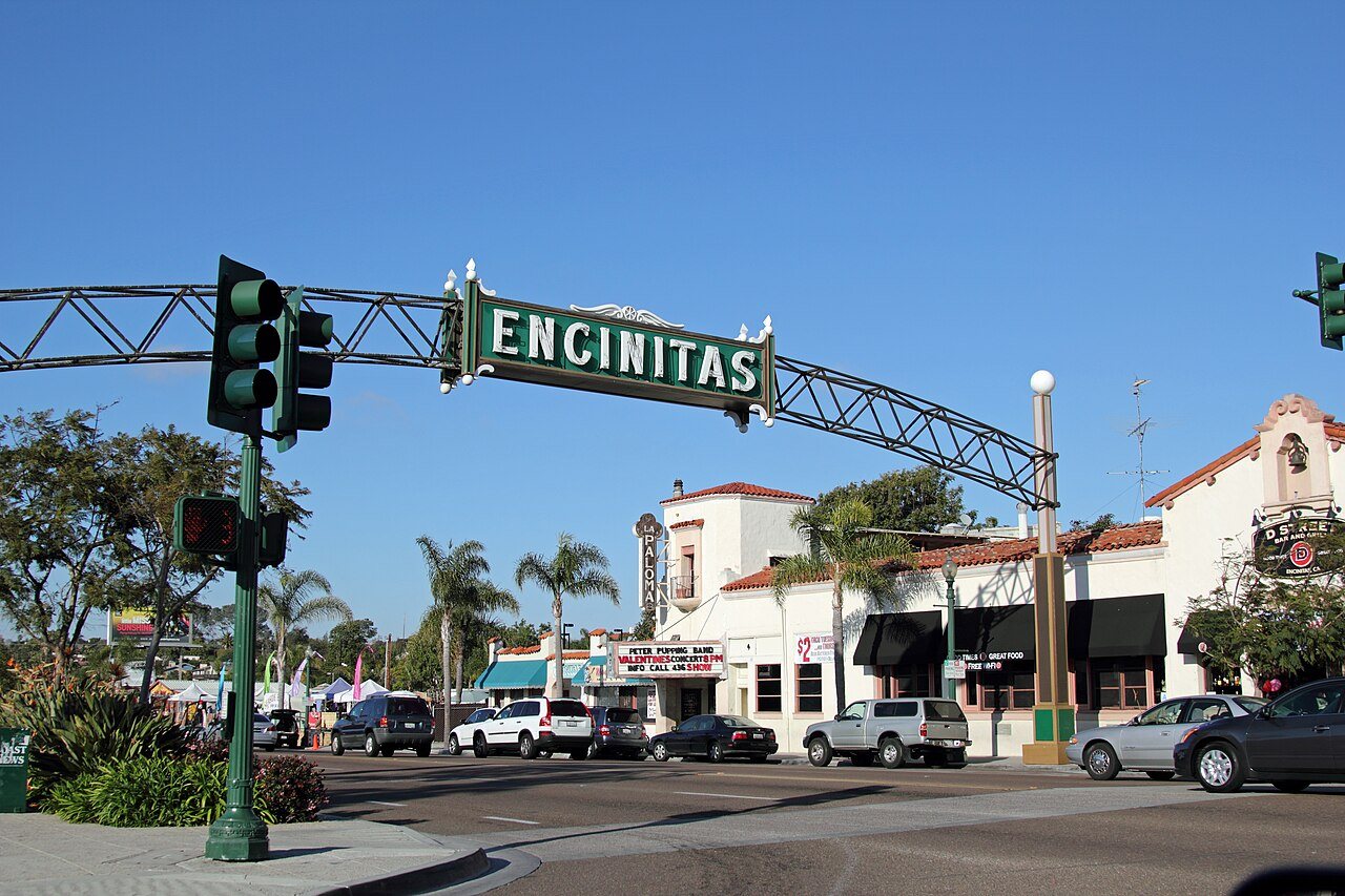 Downtown Encinitas, California with its iconic sign arch