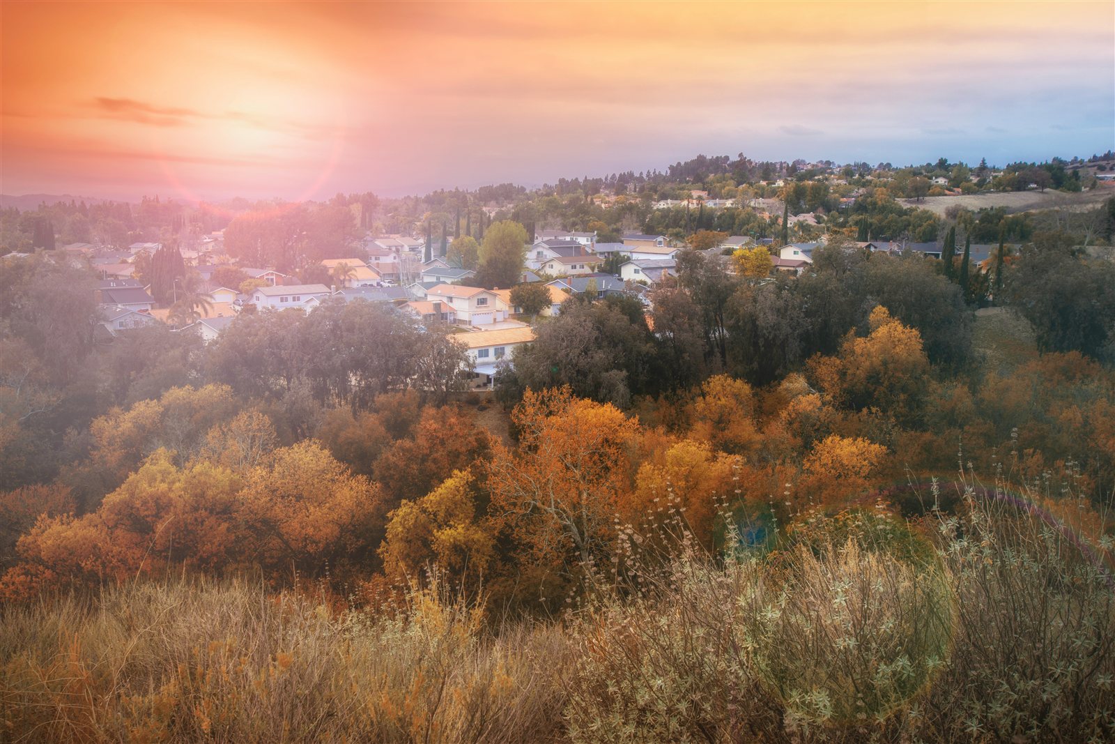 Thousand Oaks residential neighborhood at dusk, Conejo Valley California